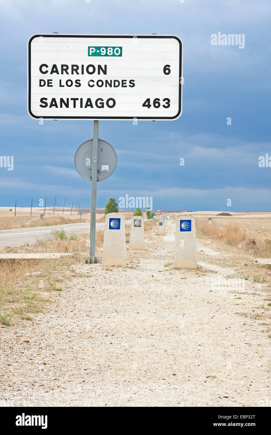 Jakobsweg, mit Anzeige auf dem Weg von Villacazßr zu Carri¾n de los Condes, Spanien, Kastilien und Leon, Palencia Stockfoto
