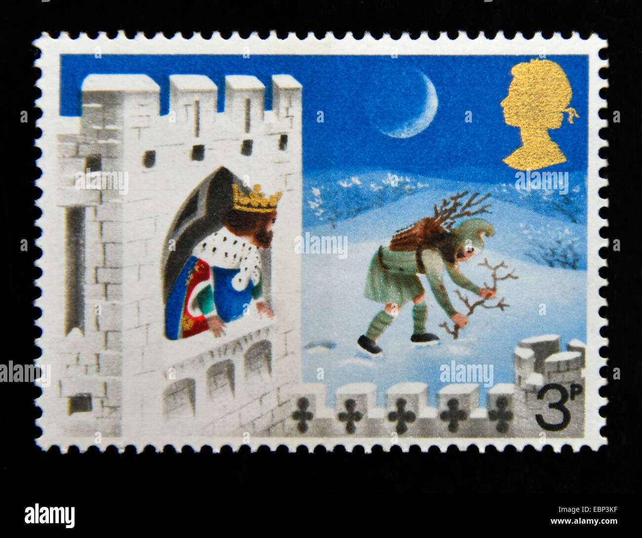 Briefmarke. Great Britain. Königin Elizabeth II. 1973. Weihnachten. Good King Wenceslas. "Gathering Winter Kraftstoff". 3p. Stockfoto