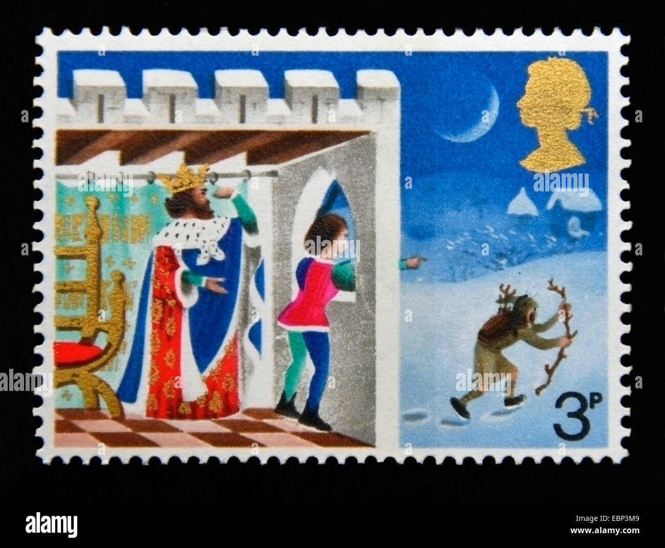 Briefmarke. Great Britain. Königin Elizabeth II. 1973. Weihnachten. Good King Wenceslas. "Hierher, Seite und stand by me". 3p. Stockfoto