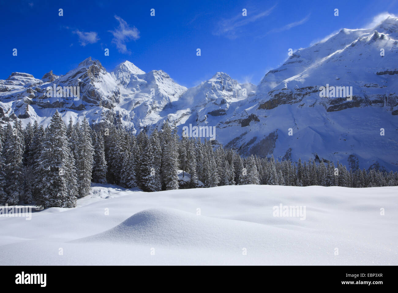 verschneite Berglandschaft mit Blueemlisalp Rothorn, Blueemlisalphorn, Oeschinenhorn, Schweiz, Berner Alpen Stockfoto