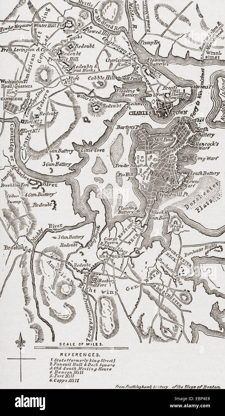 Karte von Boston und Umgebung 1775 bis 1776. Stockfoto