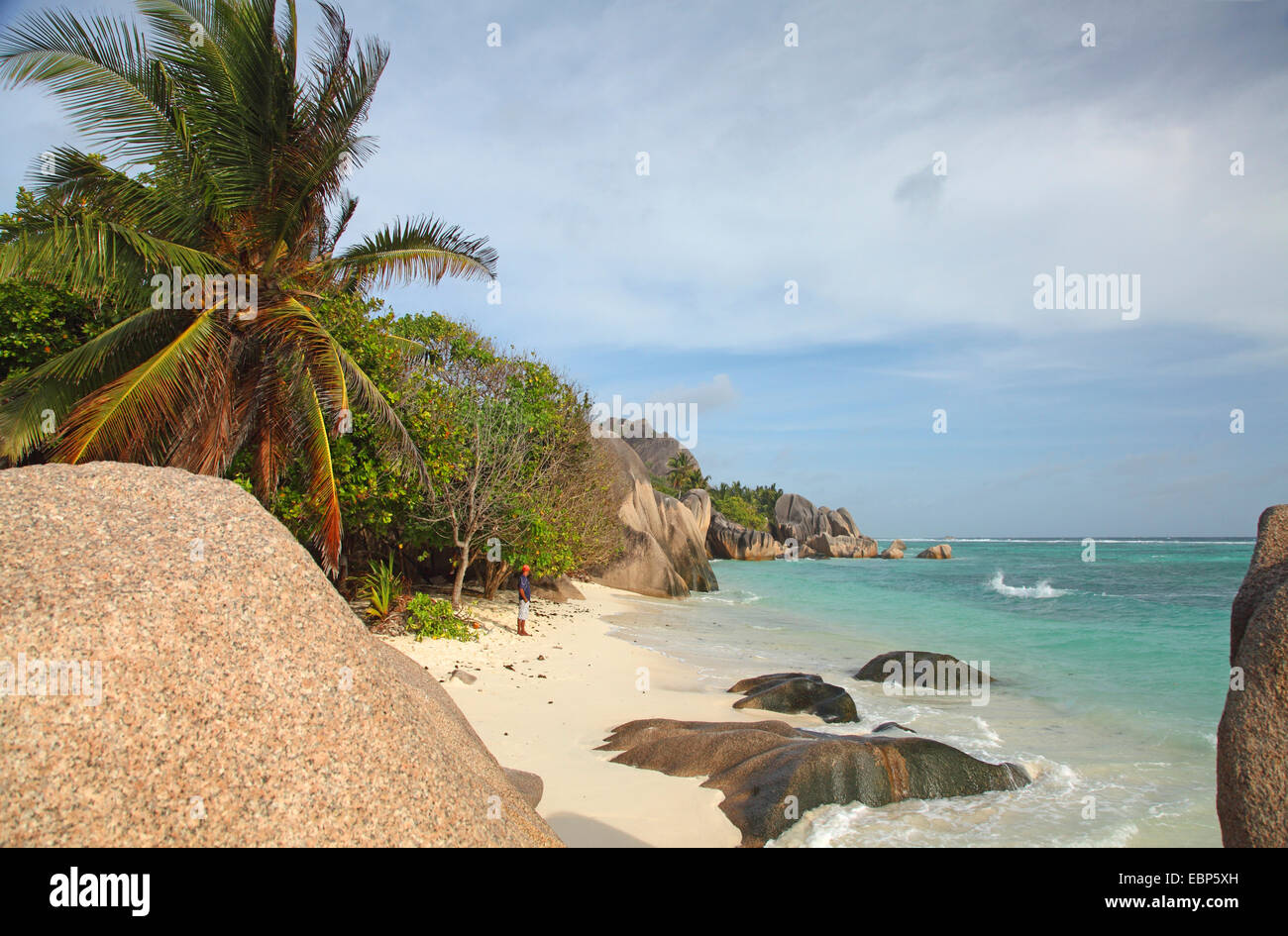 Küste von Anse Source d Argent, Seychellen, La Digue Stockfoto