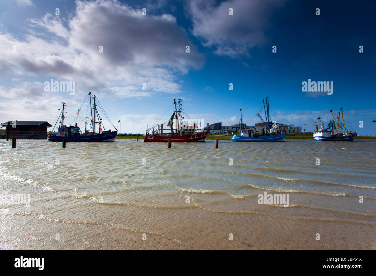 Reihe von Fischkuttern im Hafen, Deutschland, Niedersachsen, Dorum-Neufeld Stockfoto