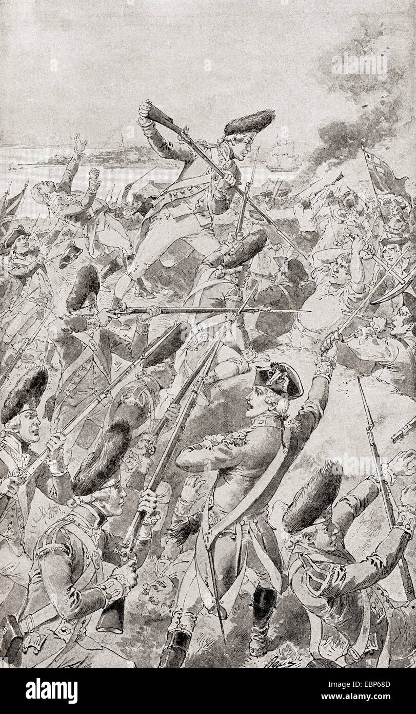 Die Schlacht von Bunker Hill, 17. Juni 1775, in der Nähe von Breed es Hill während der Belagerung von Boston im amerikanischen Unabhängigkeitskrieg. Stockfoto