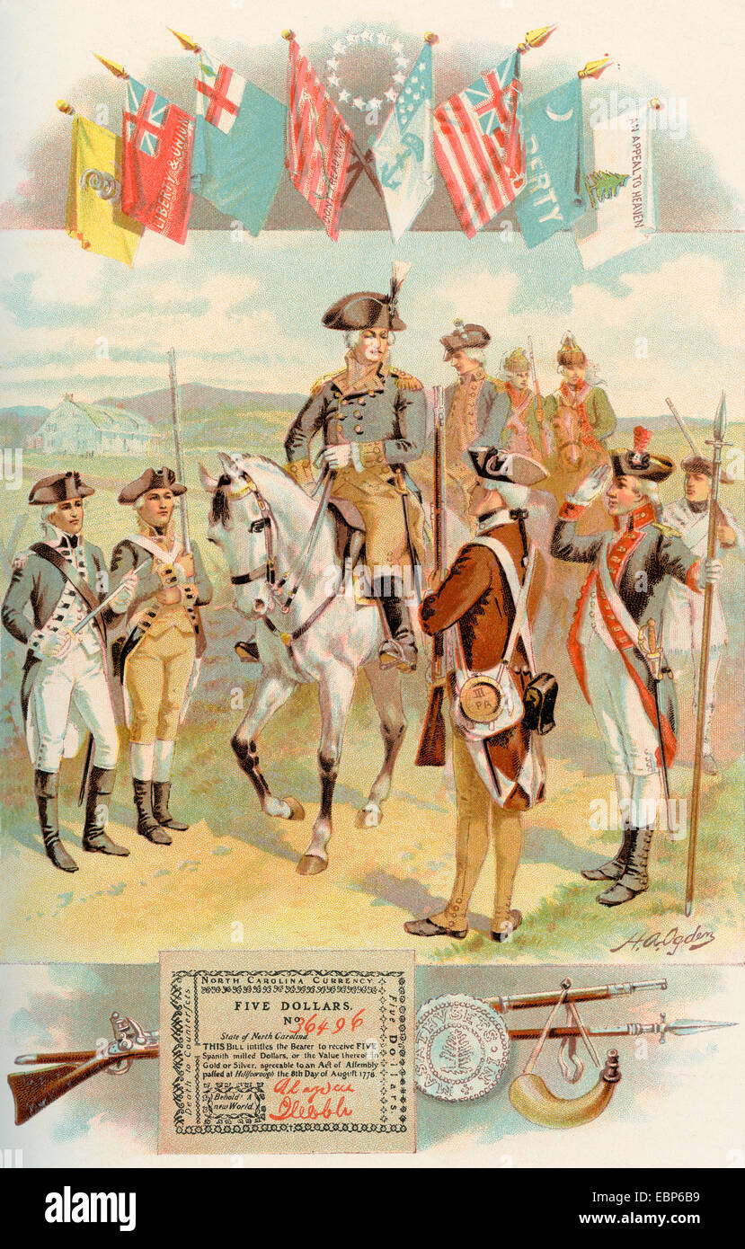 Fahnen, Uniformen, Währung und Waffen der amerikanischen Revolution. Stockfoto