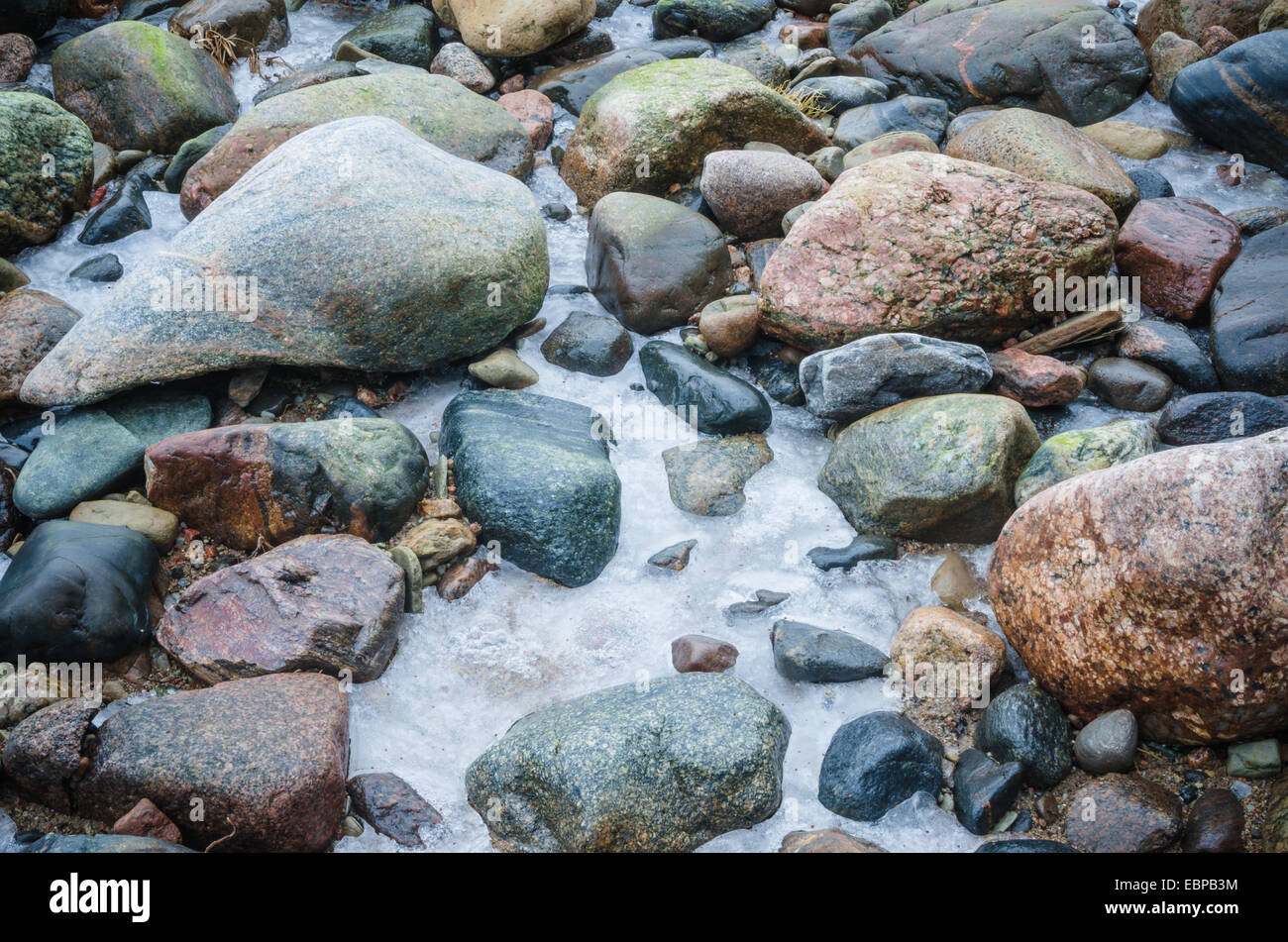 Die eingefroren Steinen an der Küste des baltischen Meeres. Eine Winterlandschaft Stockfoto