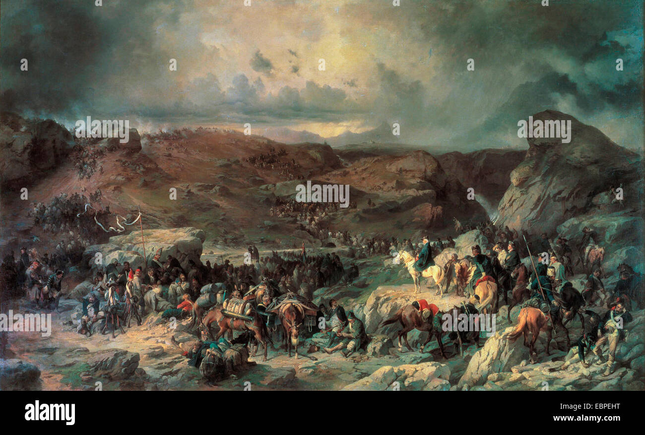 Suworow überquert den St. Gotthard-Pass, ein Alexander Kotzebue Malerei Suworows Truppen im Jahre 1799. Stockfoto
