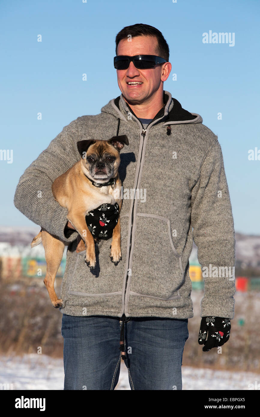 Ein Mann hält seinen Bugg-Hund (Kreuzung Boston Terrier und Pug) im Stadtpark mit klarem blauem Himmel Stockfoto