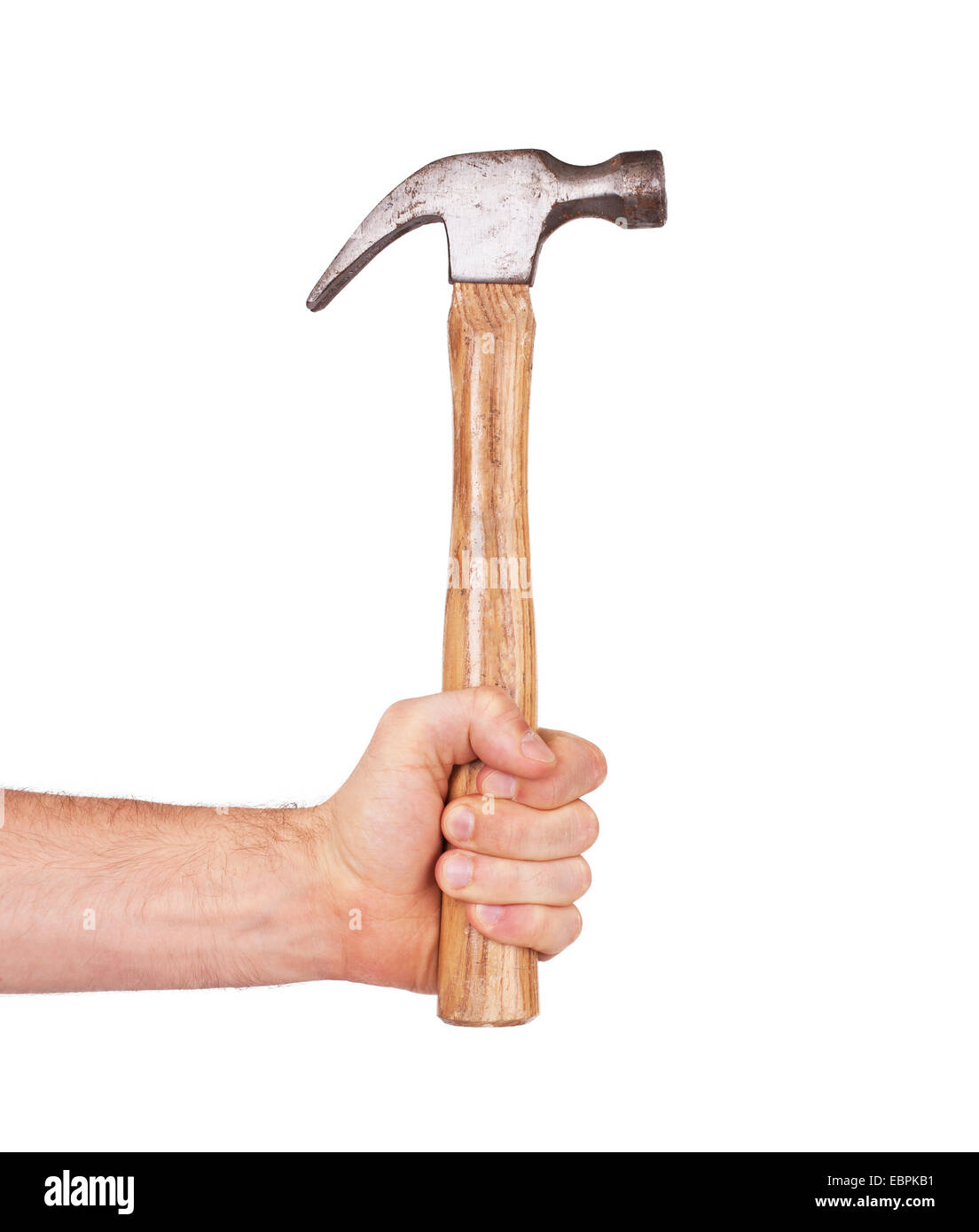Mannes Hand mit Hammer, isoliert auf weiss Stockfoto