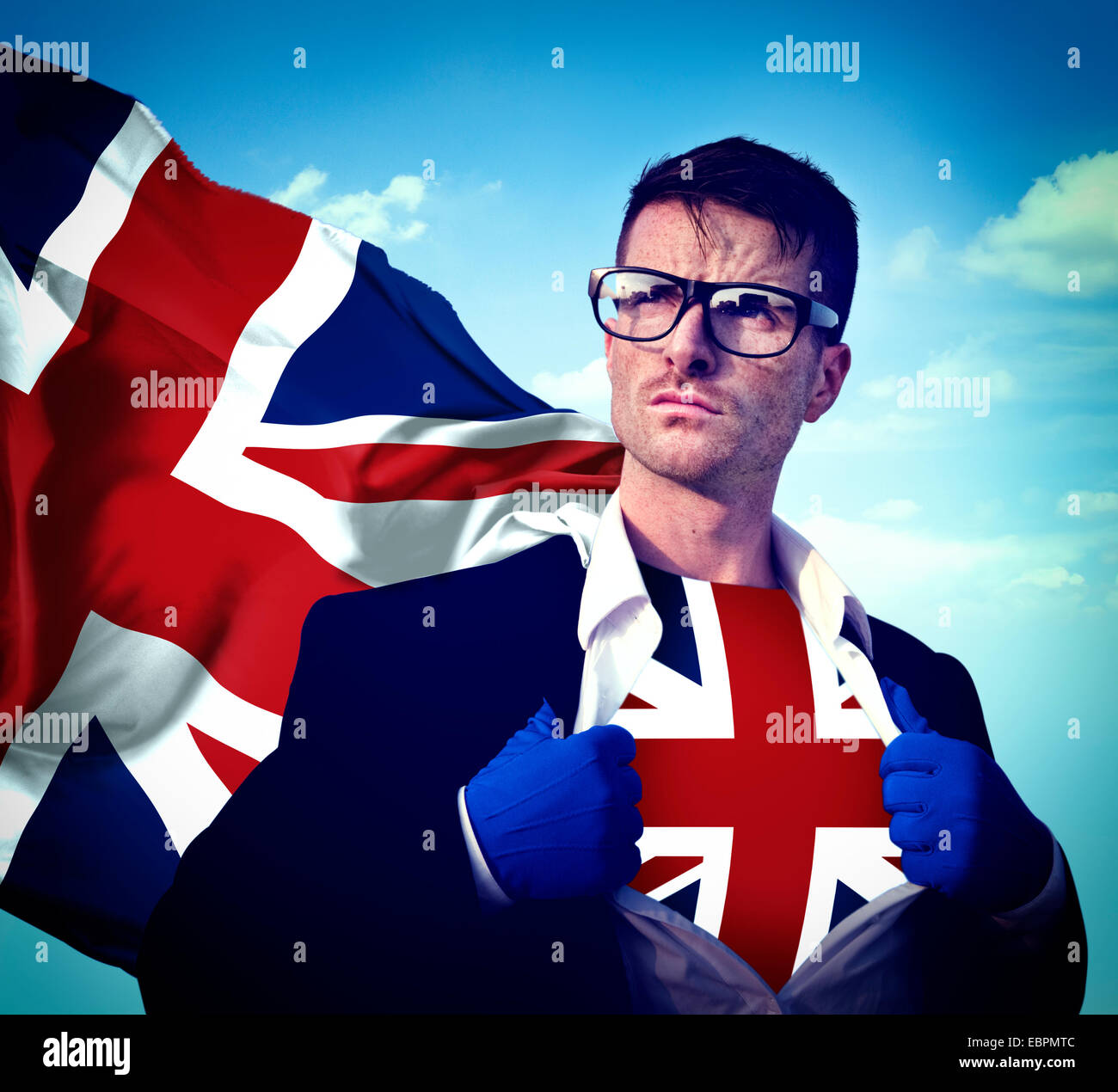 Superheld Geschäftsmann britische Wolkengebilde Konzept Stockfoto