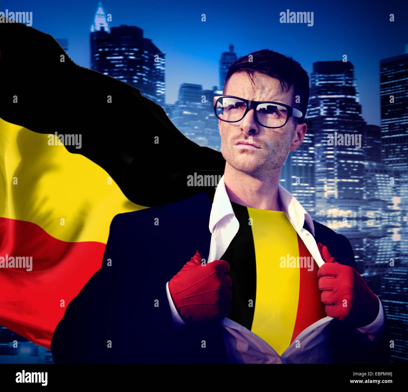 Geschäftsmann Superhero Land Belgien Fahne Kulturbegriff Power Stockfoto