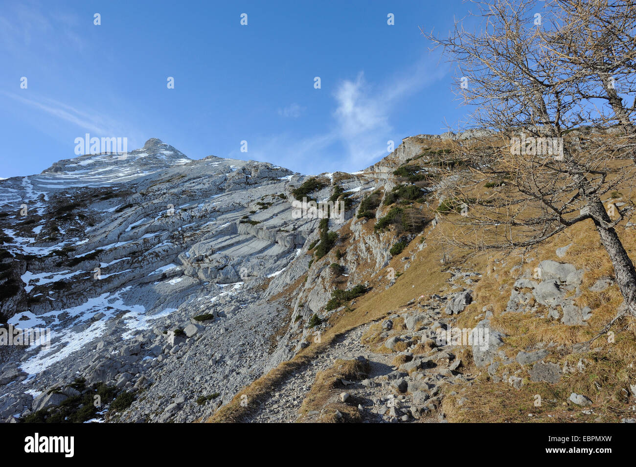 Ansicht des Berges Watzmann und Watzmannhaus Berghütte vom Wanderweg, Ramsau, Berchtesgaden, Deutschland Stockfoto