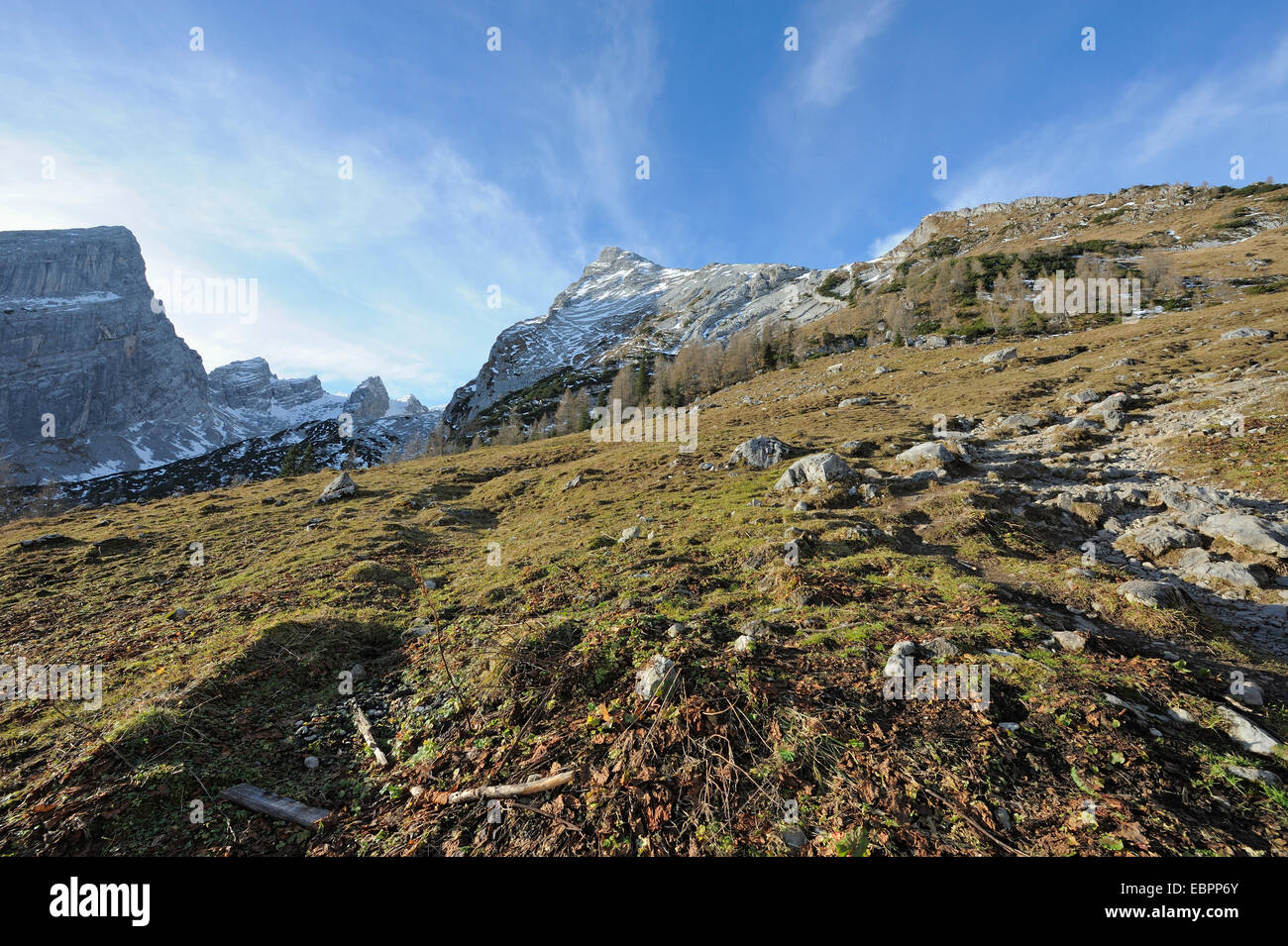 Blick auf Watzmann Gebirge vom Wanderweg, Ramsau, Berchtesgaden, Deutschland Stockfoto