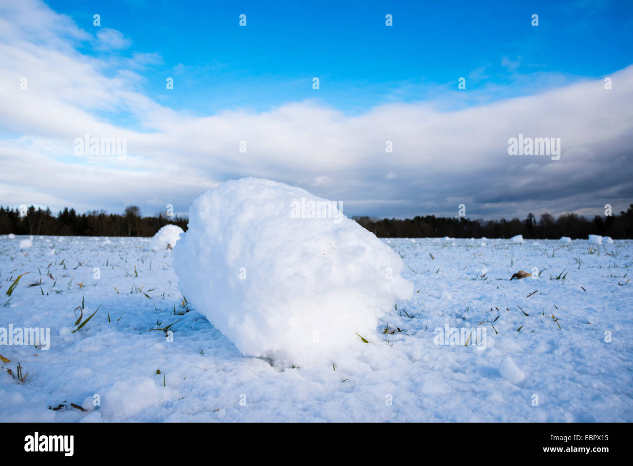 Schnee-Walze in einer tief verschneiten Wiese, Deutschland, Baden-Württemberg, Schwäbische Alb Stockfoto