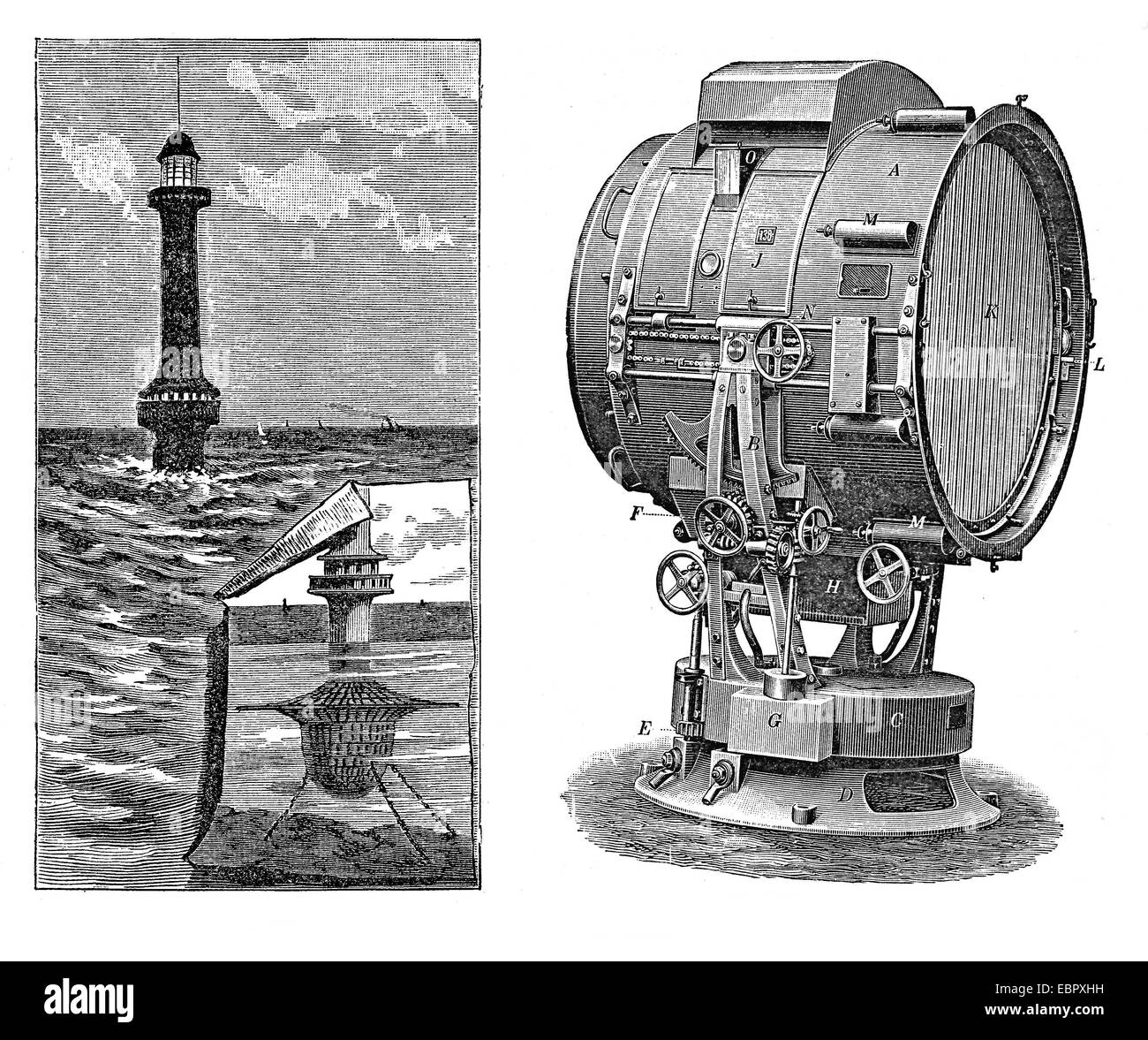 Gravur der Leuchtturm-Struktur und Projektor-Lampe Stockfoto