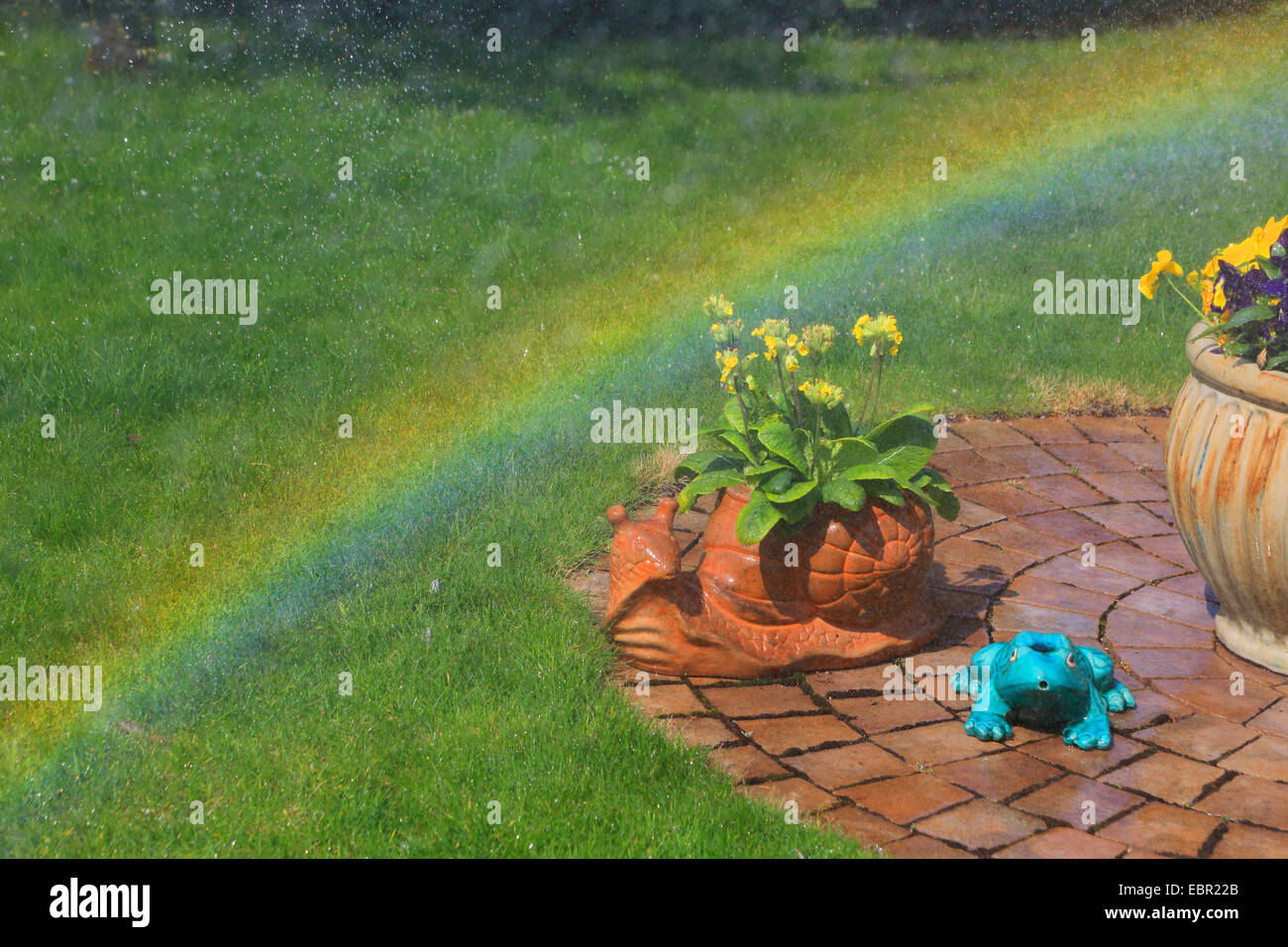 Garten mit Blumen und Regenbogen, Deutschland Stockfoto