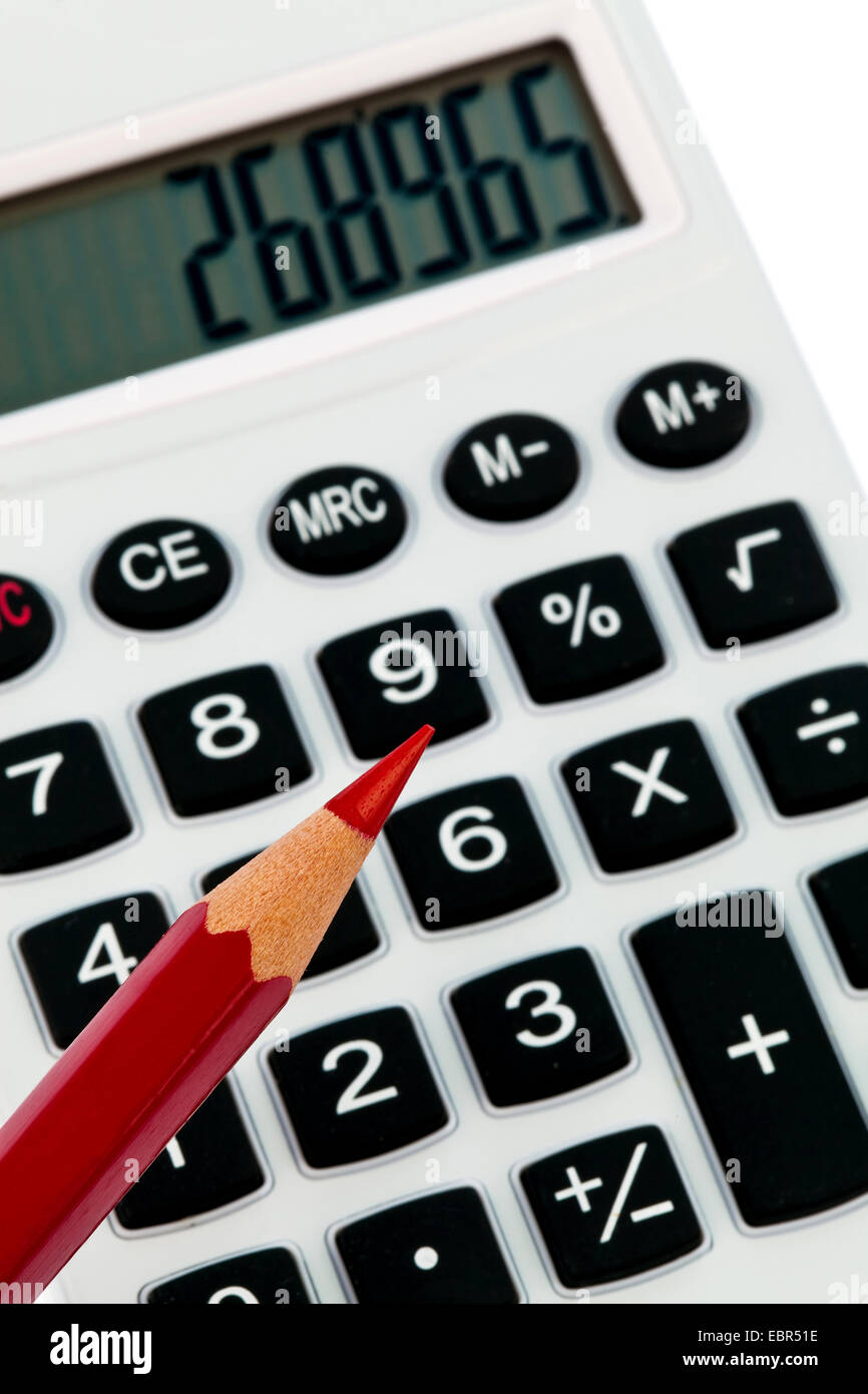 roten Stift und Taschenrechner. Bildsymbol für optimieren und sparen Stockfoto
