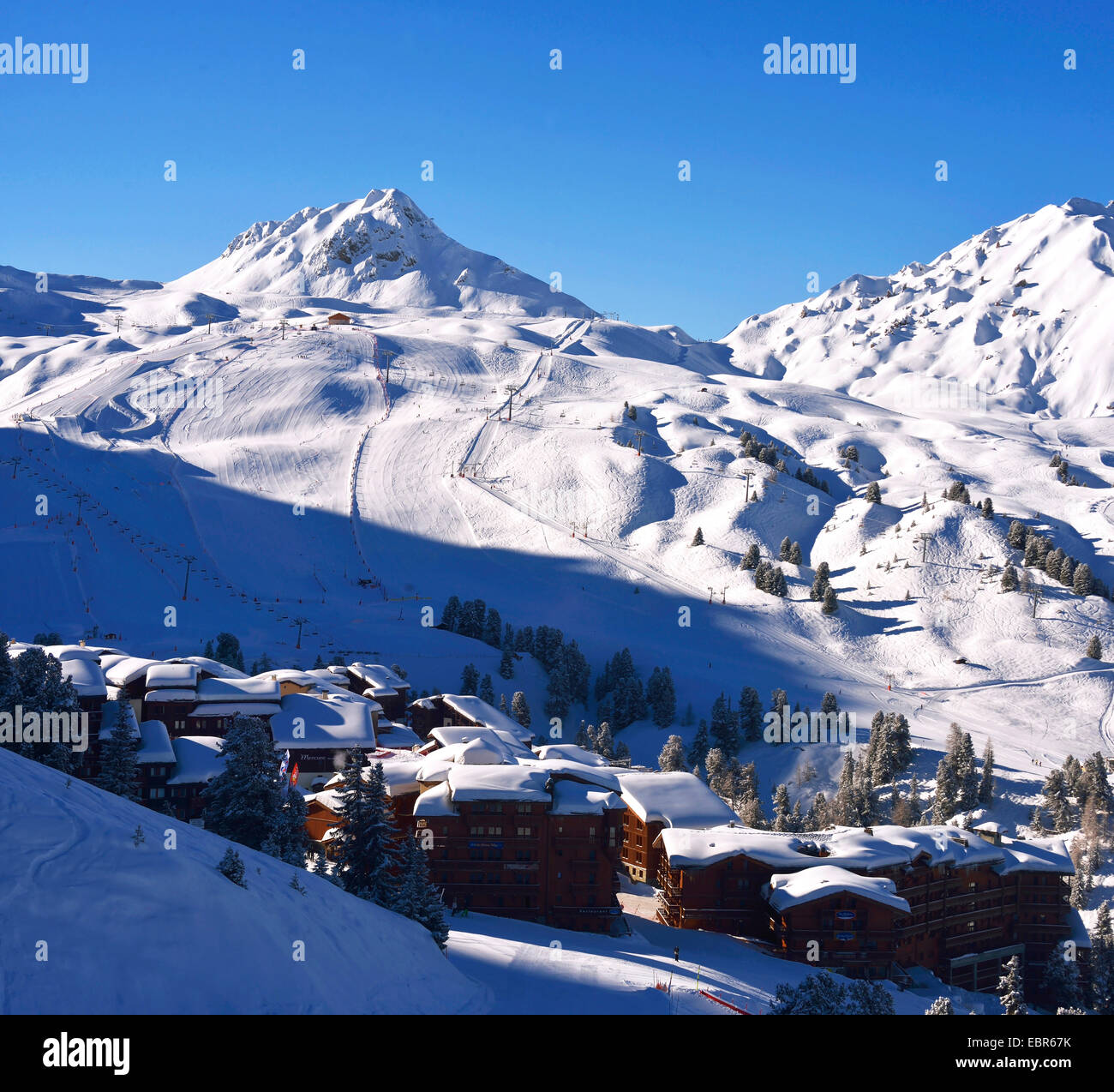 Station de Belle Plagne, SavoieThe Skigebiet La Plagne, Frankreich, Savoyen, La Plagne Stockfoto