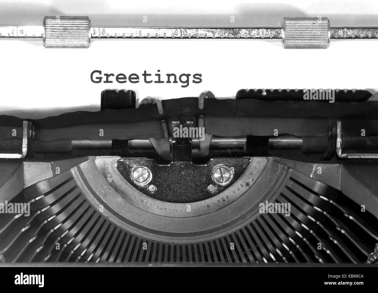 Schreibmaschine Arten Grüße Closeup schwarze Tinte Stockfoto