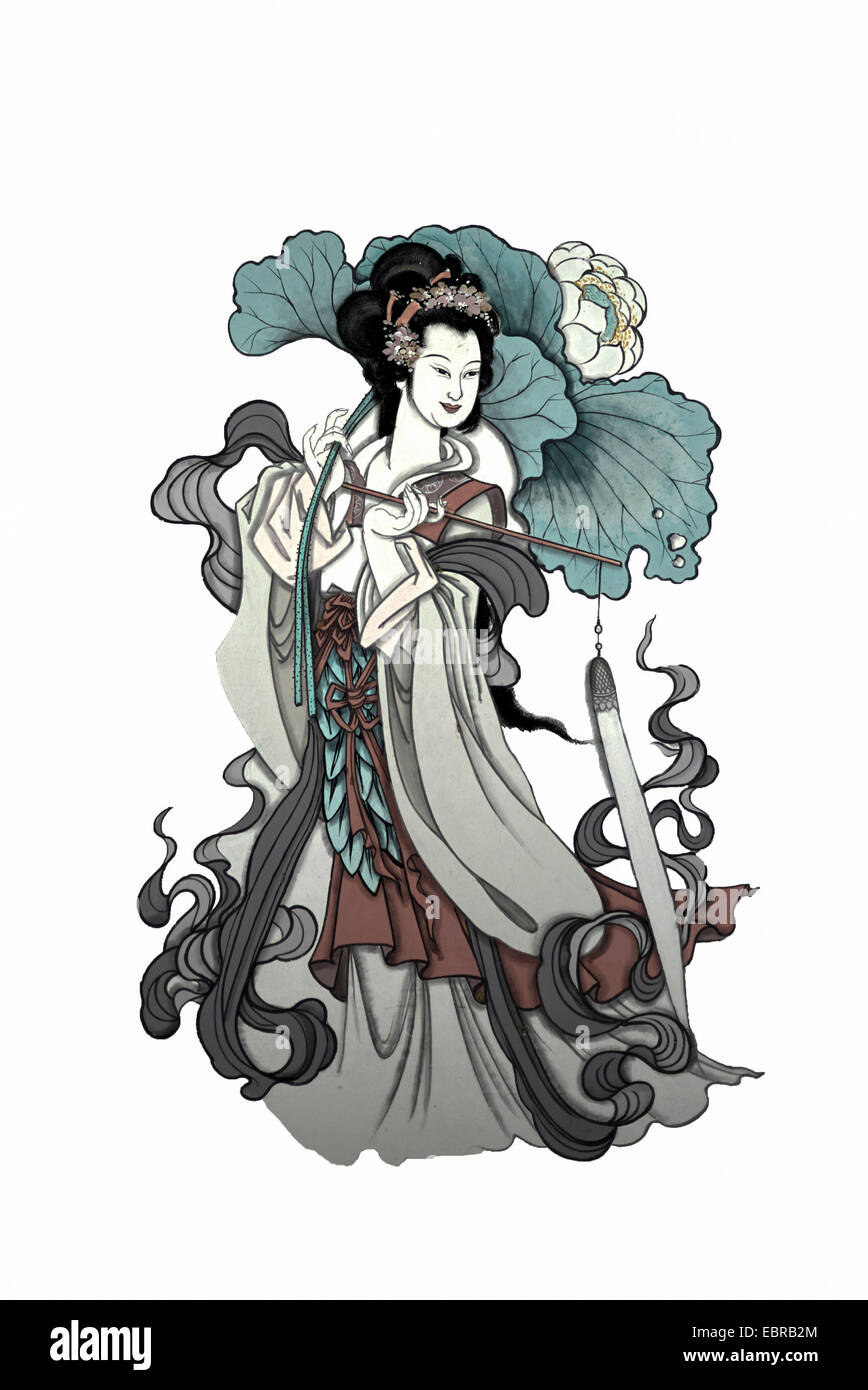 Abbildung eines alten chinesischen Schriftzeichens gemalt an den Wänden eines buddhistischen Tempels. Stockfoto