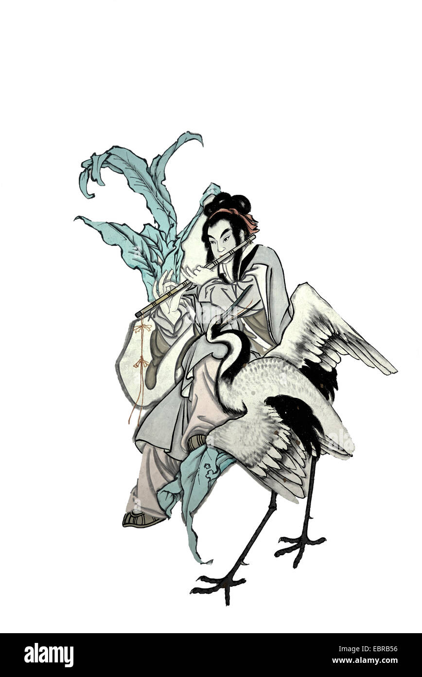 Abbildung eines alten chinesischen Schriftzeichens gemalt an den Wänden eines buddhistischen Tempels. Stockfoto