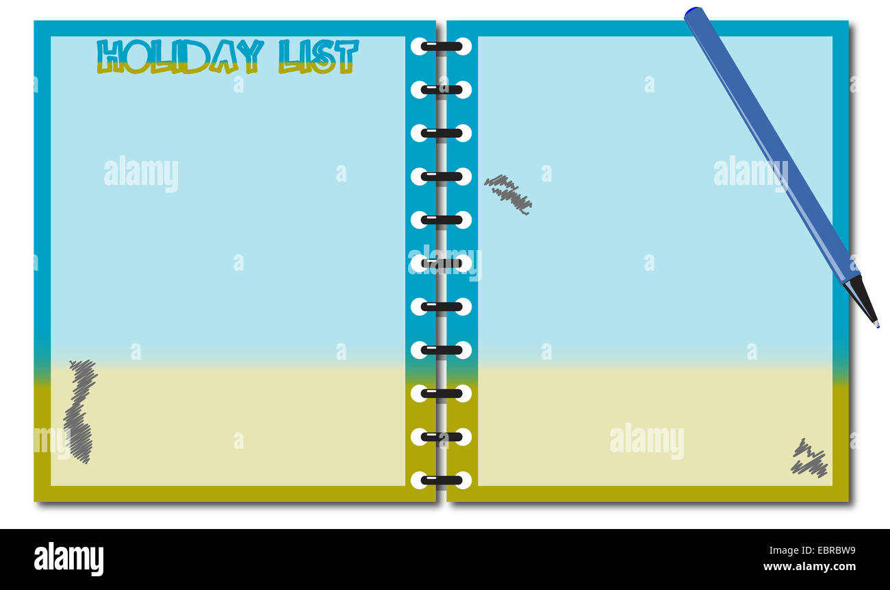 Einen Urlaub Liste Notizblock mit Stift Vorlage oder Hintergrund isoliert auf weißem Hintergrund Stockfoto