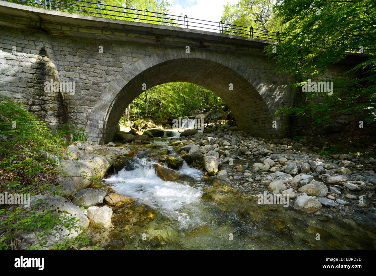 Steinerne Brücke bei Cascades de Anglais, Frankreich, Korsika, Monte dAEOro Stockfoto