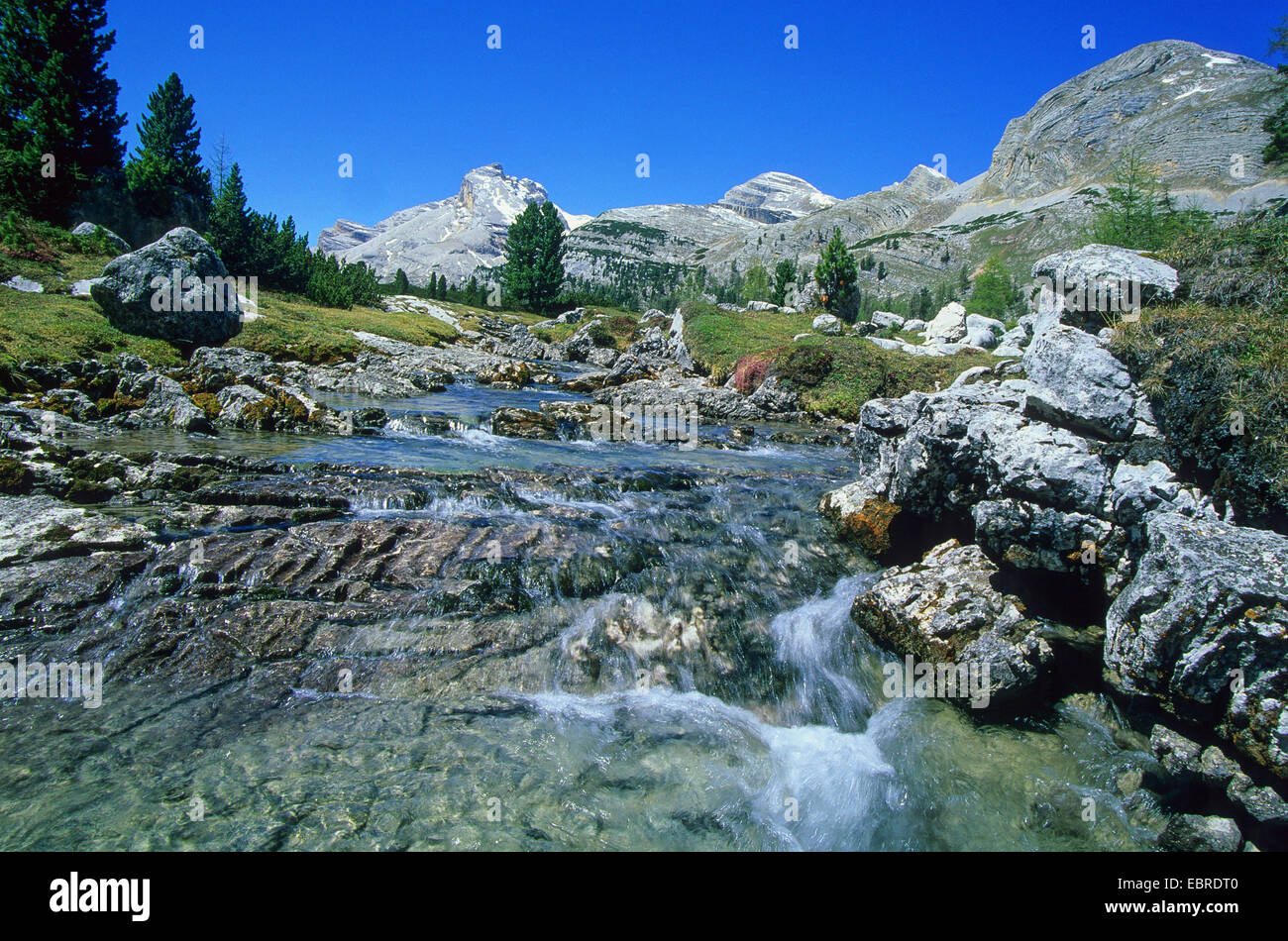 Fluss und die Berge Landschaft an der oberen Fanes Nationalpark, Italien, Südtirol, Dolomiten, Fanes Nationalpark Stockfoto