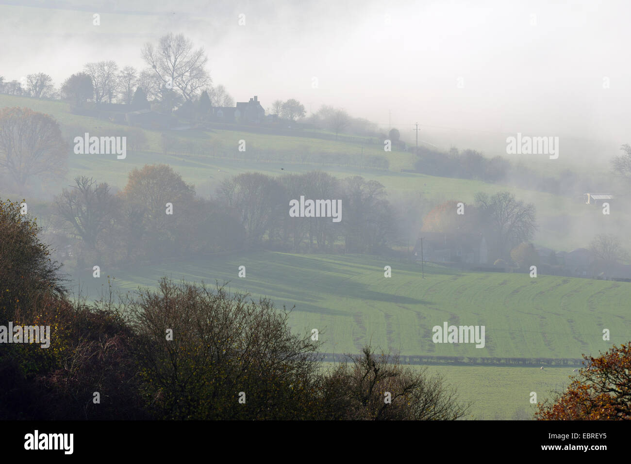 Nebel unten Downham Hill gesehen von Coaley Peak, in der Nähe von Dursley, Gloucestershire Stockfoto