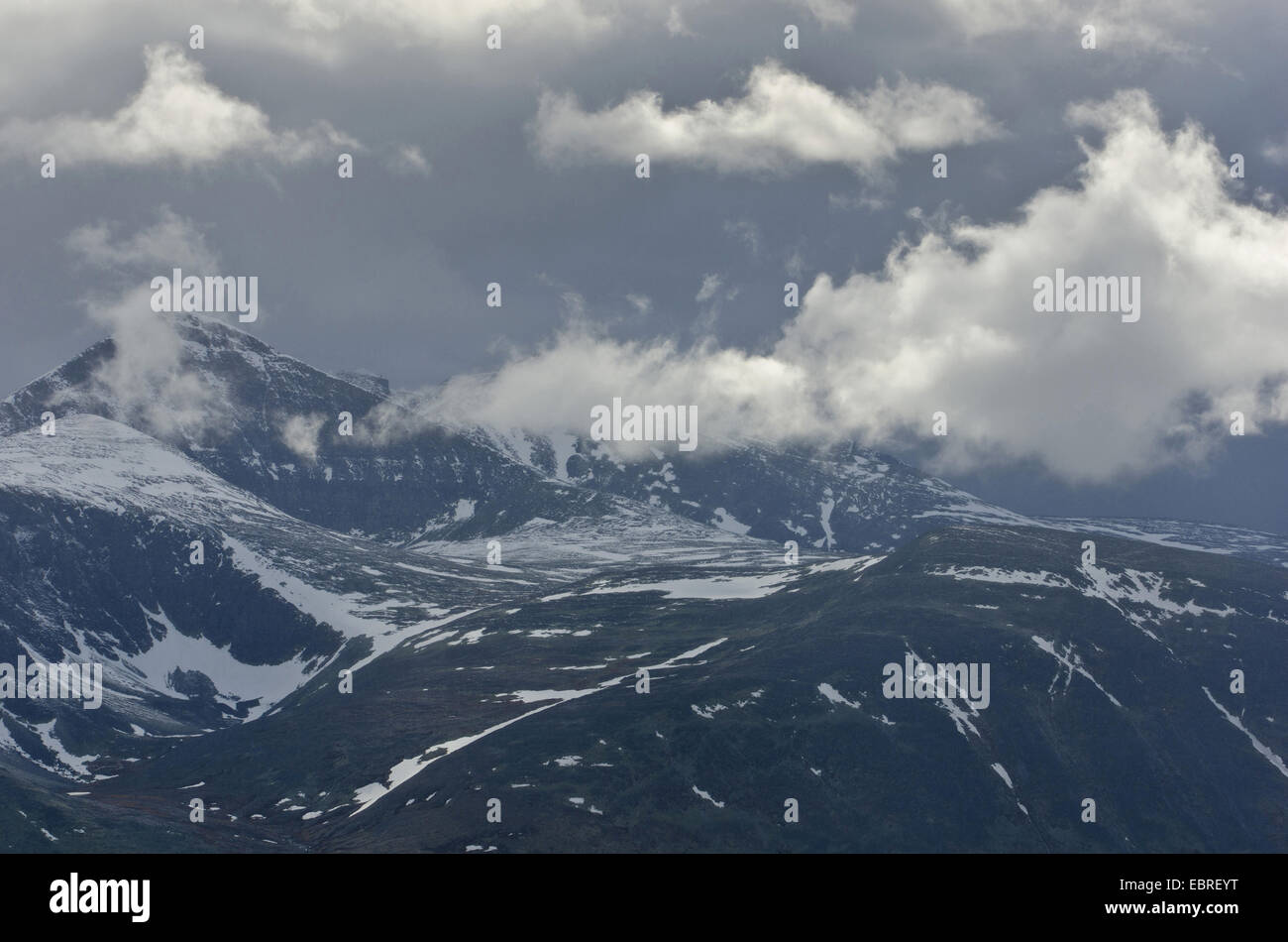 dunkle Wolken über Hoegronden Berg, Norwegen, Hedmark Fylke, Rondane Nationalpark Stockfoto