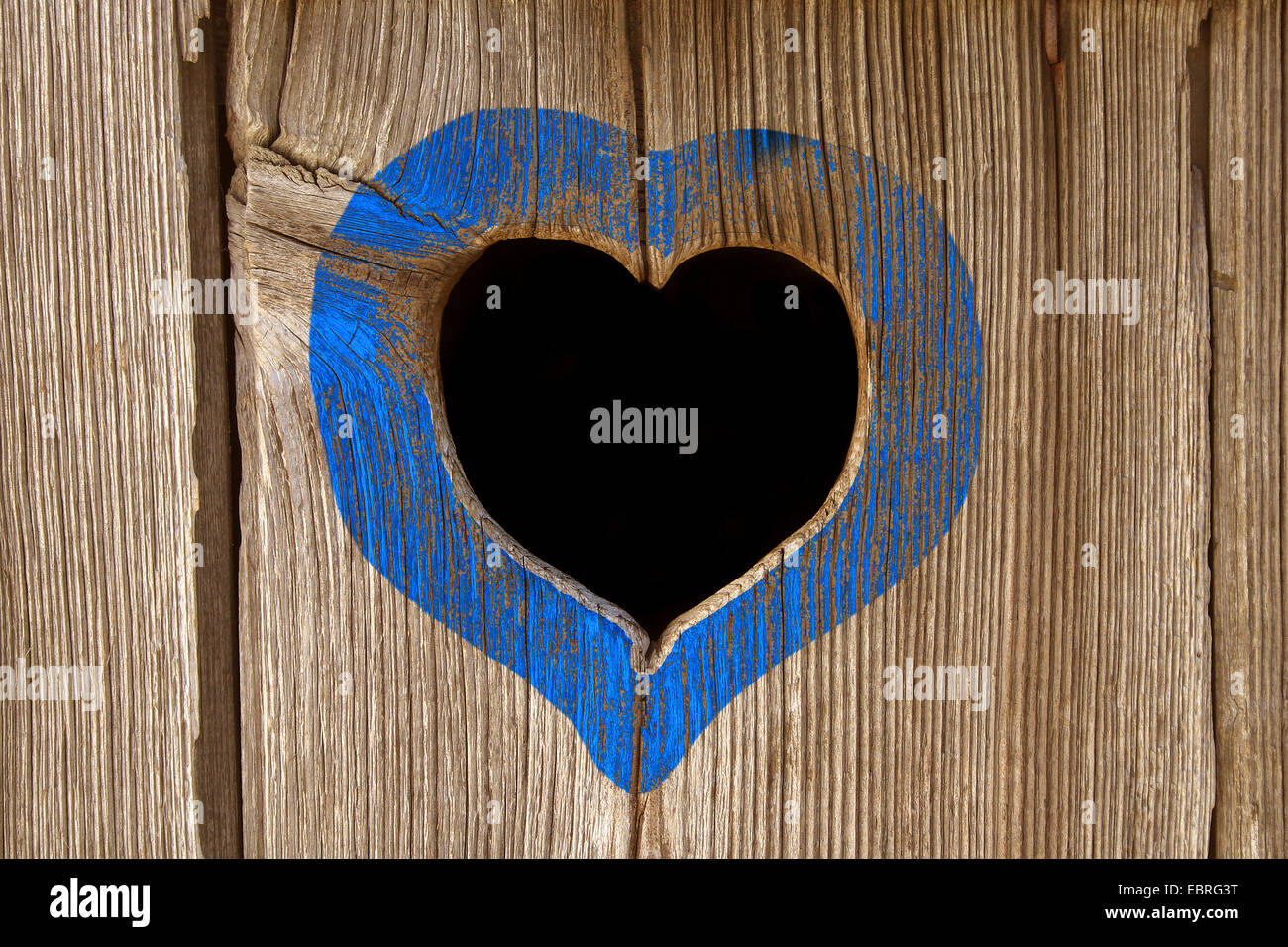 Entlüftungsbohrung in der Form eines Herzens an eine Holztür ein Plumpsklo, Oberbayern, Oberbayern, Bayern, Deutschland Stockfoto