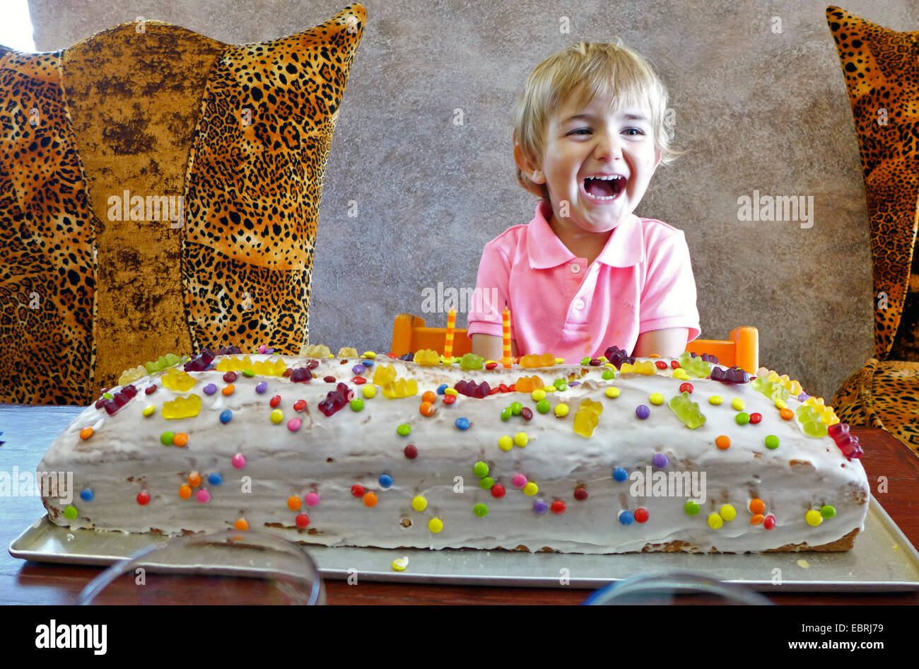 kleiner Junge mit riesigen Geburtstagstorte Stockfoto