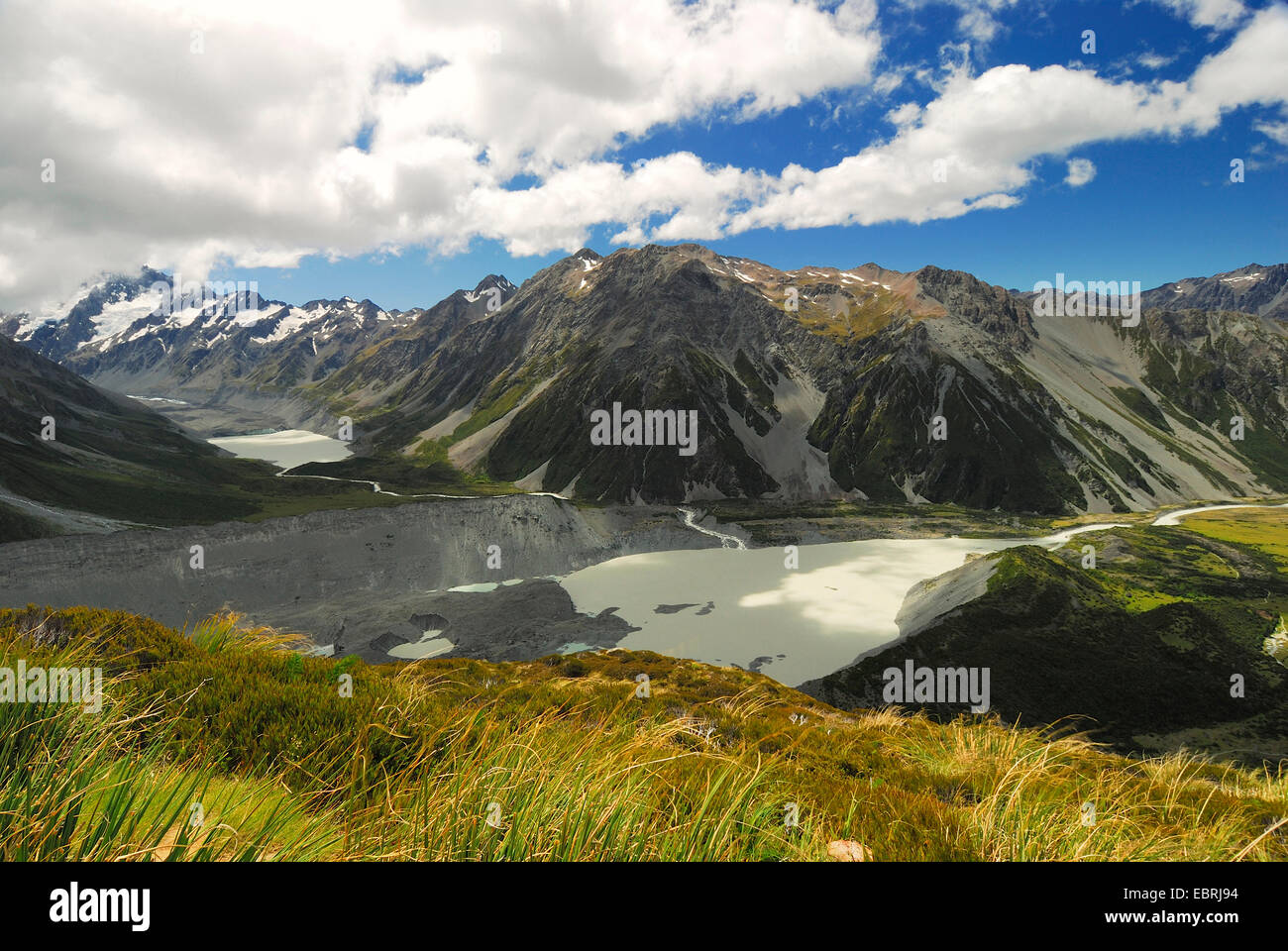 Hooker See, Hooker-Gletschers, Mueller See und Fluss Hooker Hooker Valley, Neuseeland, Südinsel, Mount Cook Nationalpark Stockfoto