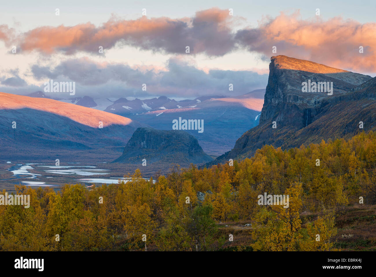 Morgen-Stimmung bei Rapadalen im Herbst, Schweden, Lappland, Sarek Nationalpark Stockfoto