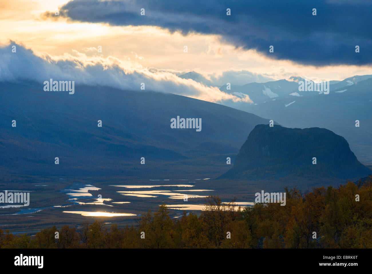 Abendstimmung am Rapadalen im Herbst, Schweden, Lappland, Sarek Nationalpark Stockfoto