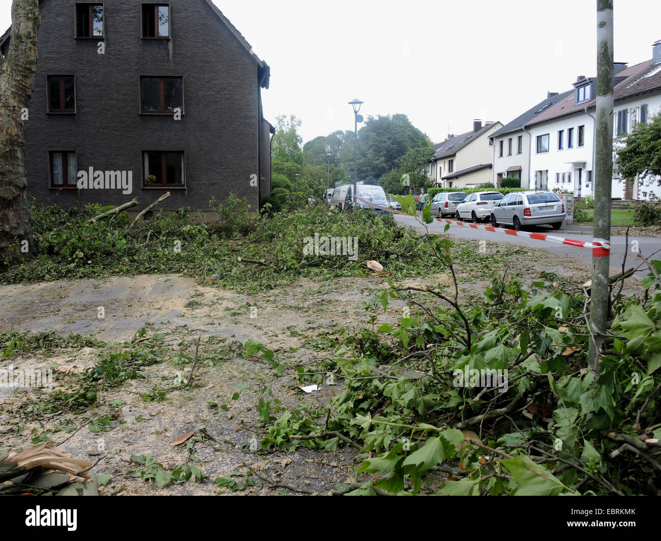 gesperrte Straße nach Sturmtief Ela am 2014-06-09, Bochum, Ruhrgebiet, Nordrhein-Westfalen, Deutschland Stockfoto