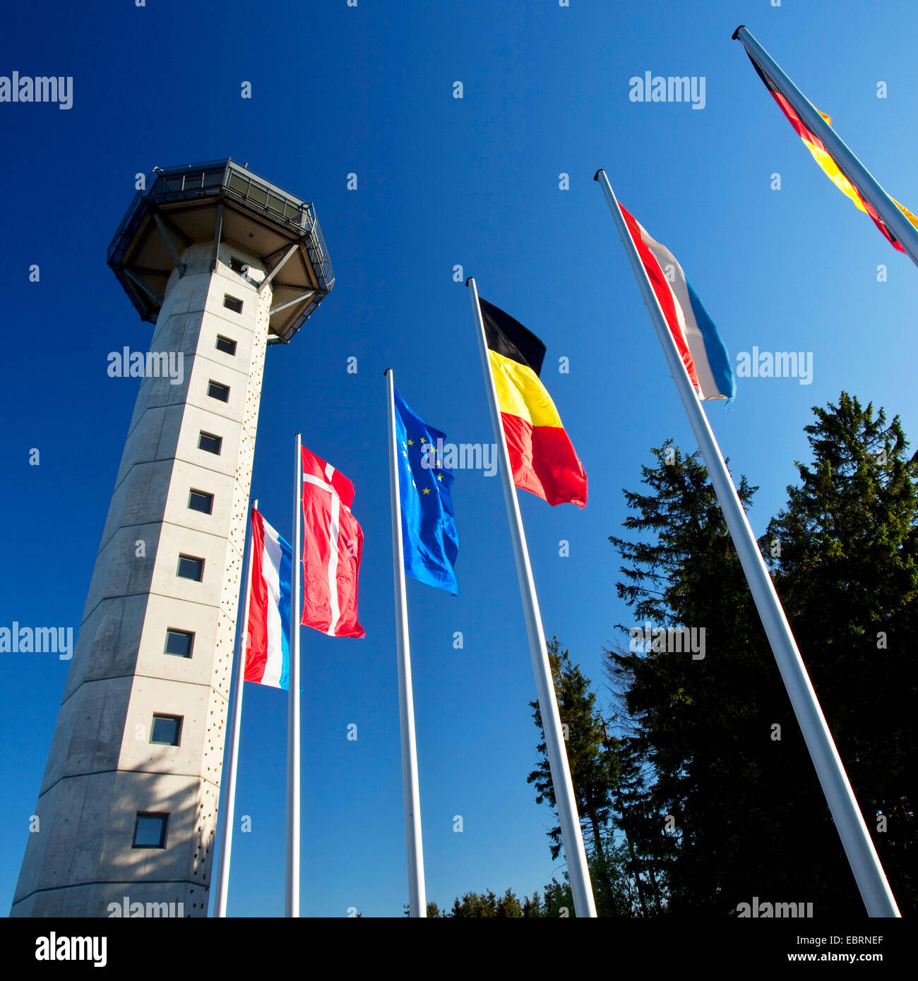 (59 m) Hochheideturm auf dem Ettelsberg mit einer Reihe von verschiedenen Nationalflaggen, Willingen, Sauerland, Hessen, Deutschland Stockfoto