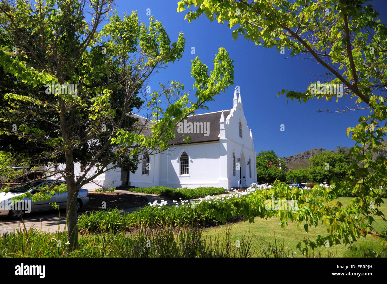 Eine weiße Cape Dutch Stil Kirche, umrahmt von weißen Blumen und Bäumen. Stockfoto