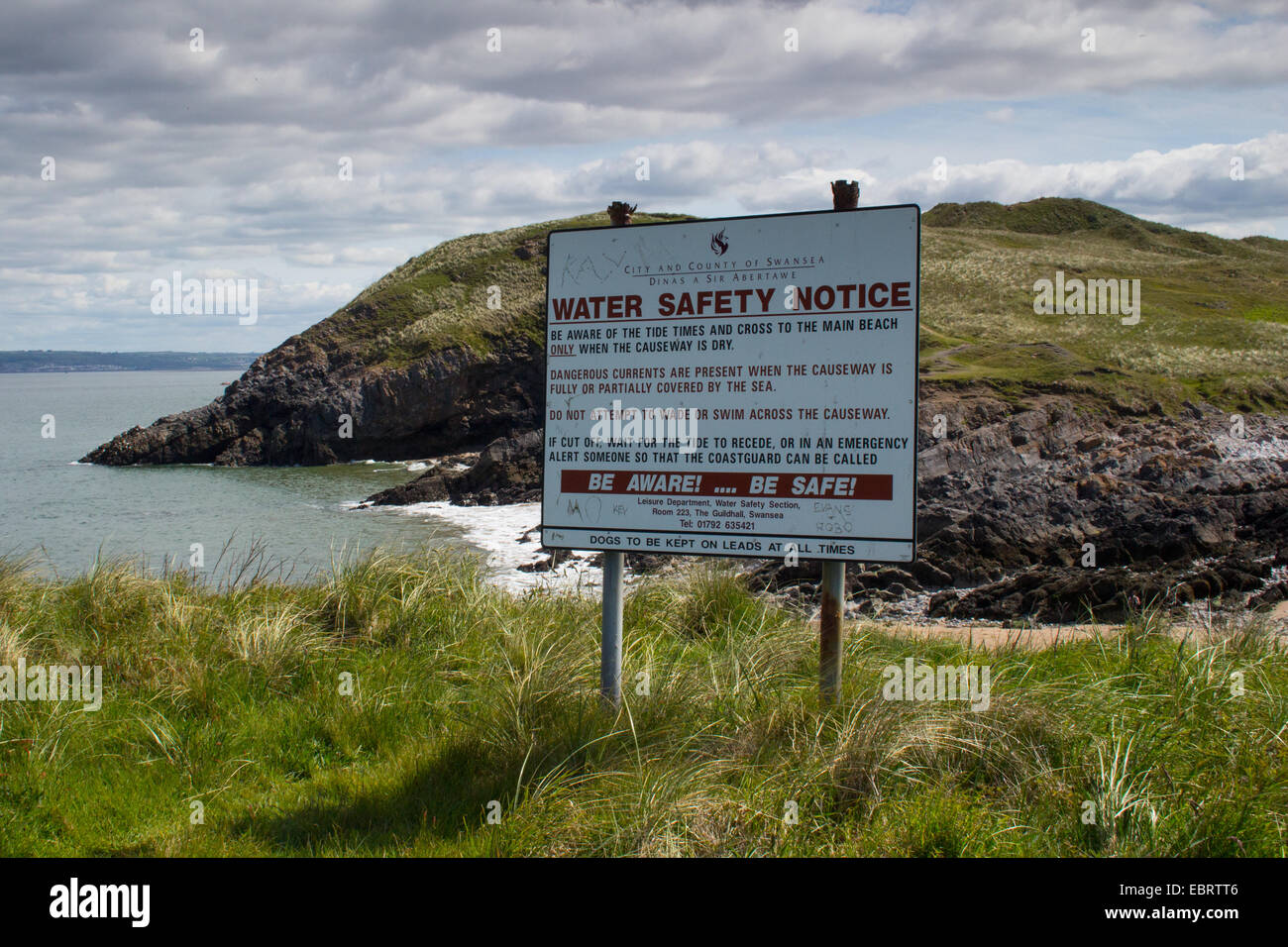 Wasser-Sicherheitshinweis auf der Gower-Halbinsel. Stockfoto