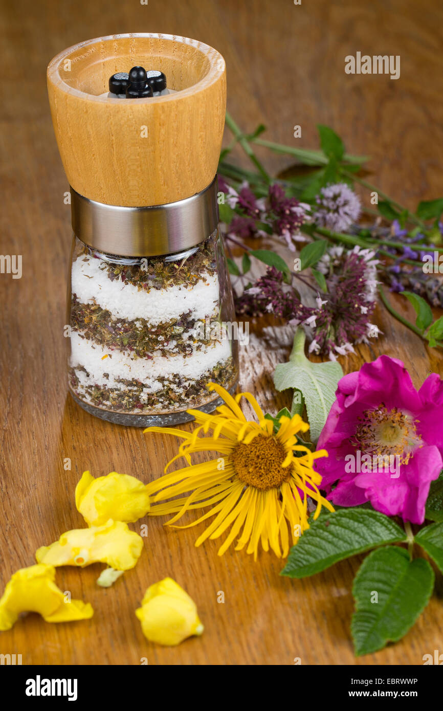 Gewürz-Mühle mit Blüten Salz, aromatisierte Wit essbare Blumen Stockfoto