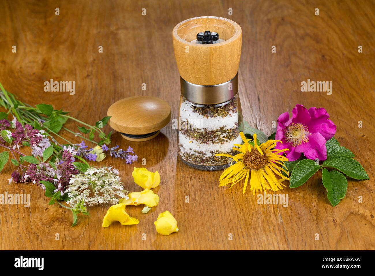 Gewürz-Mühle mit Blüten Salz, aromatisierte Wit essbare Blumen Stockfoto