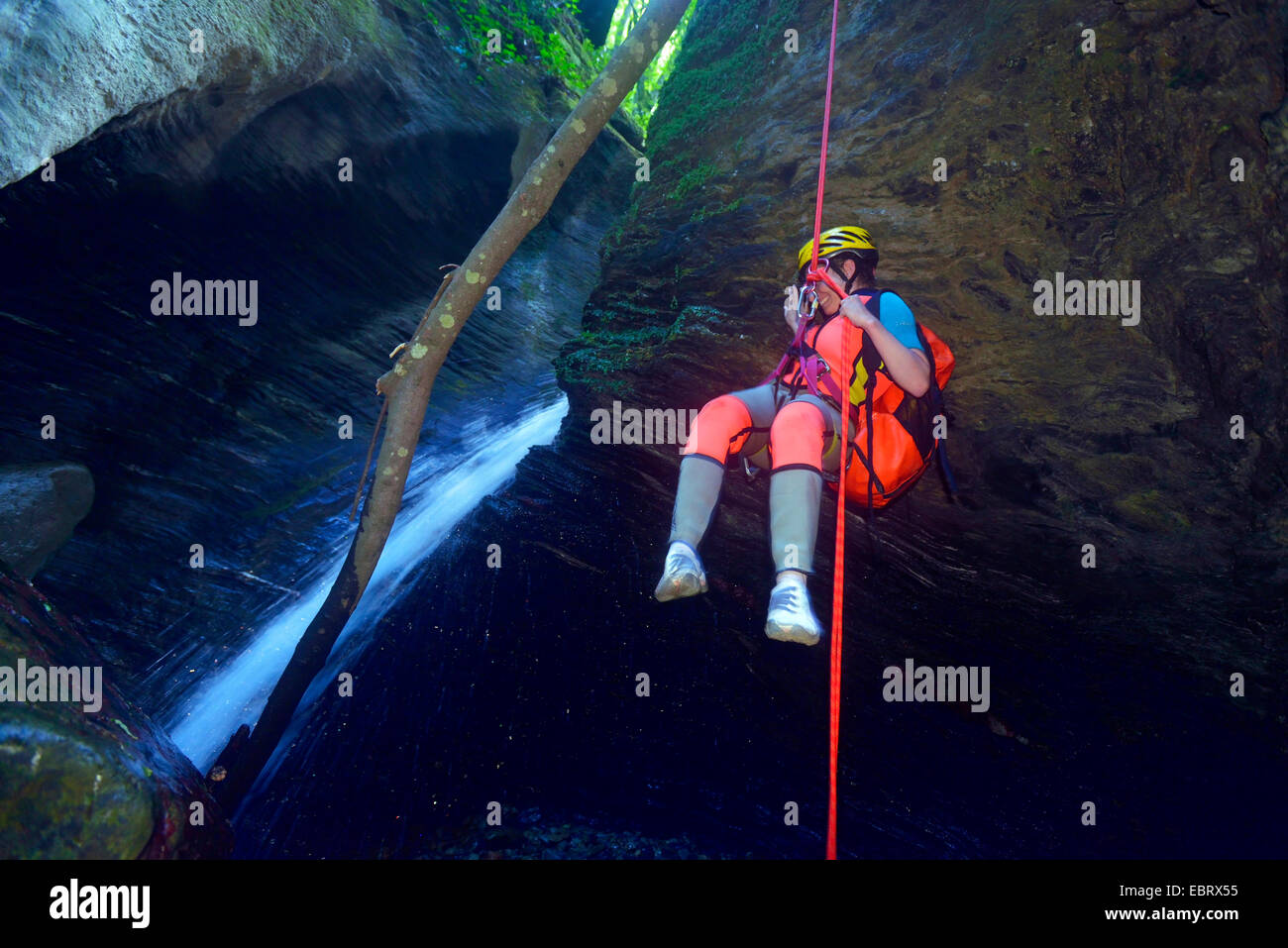 Canyoning am Cap Corse im Norden von Korsika, Frankreich, Korsika, Cap Corse, Bastia Erbalunga Stockfoto