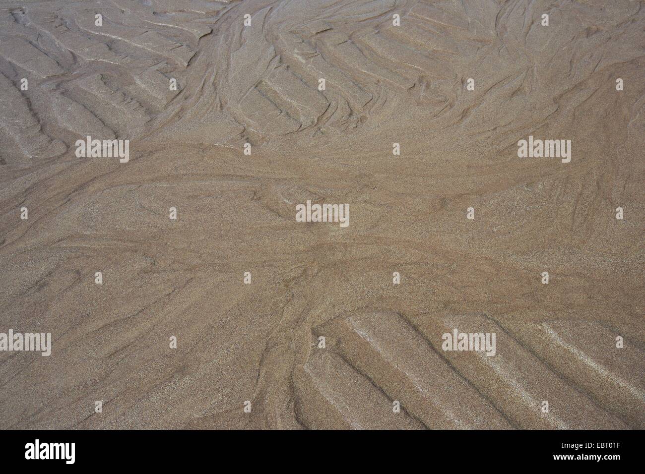 Spuren im Sand am Strand, Großbritannien, Schottland, Sutherland Welligkeit Stockfoto