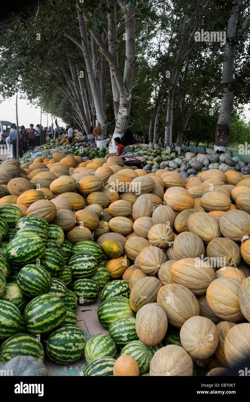 Verkauf von Melonen auf der Straße-Taschkent-Samarkand, Usbekistan, Asia Stockfoto