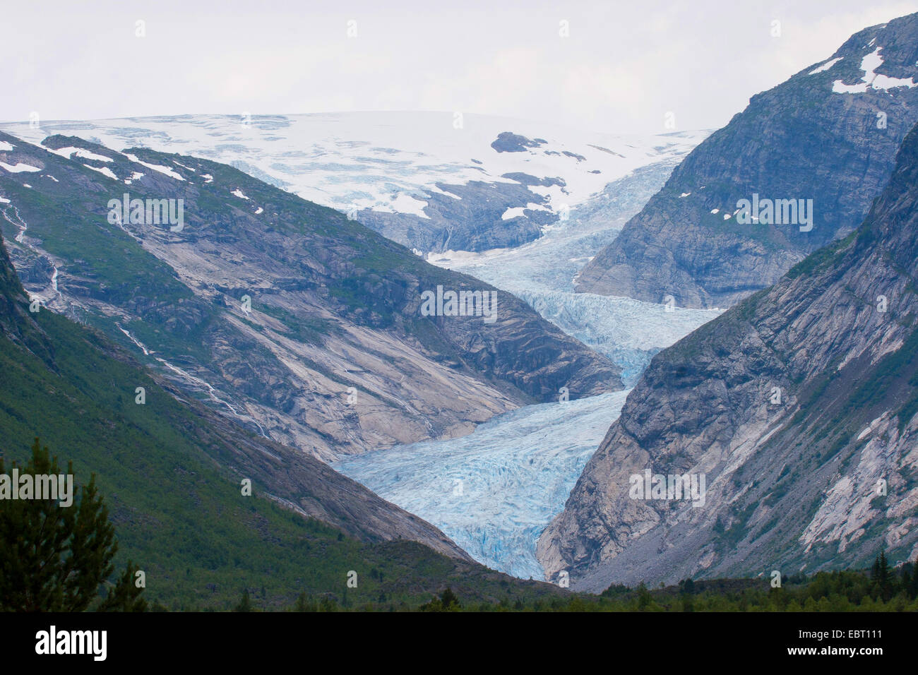 Blick zum Nigardsbreen Gletscher Arm des Jostedalsbreen Gletscher, Norwegen, Nationalpark Jostedalsbreen Stockfoto