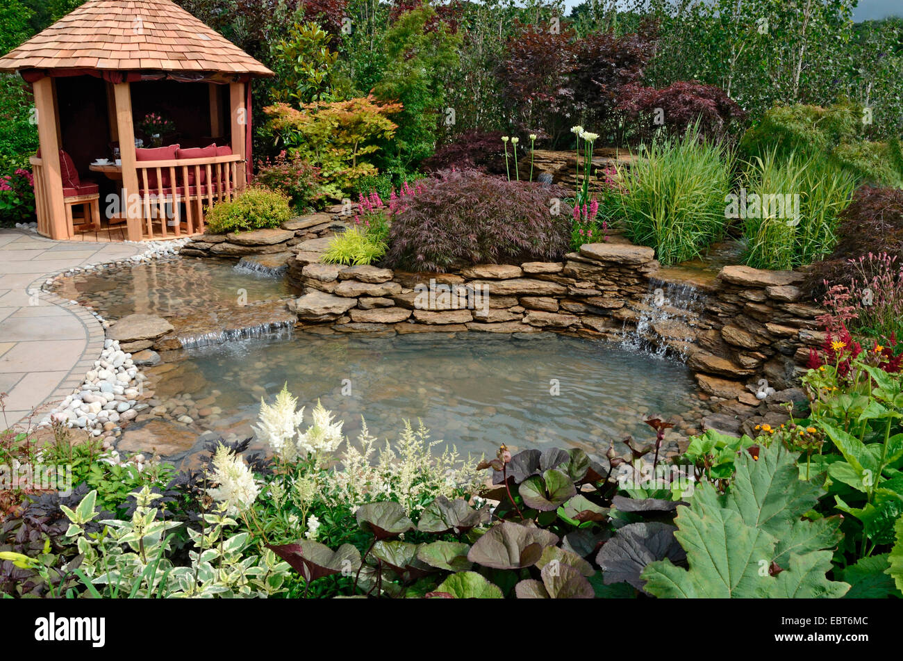 Der Teich Gebiet In Einem Reflektierenden Wasser Garten Mit Bepflanzten Steingarten Wasserfalle Und Ein Holzernes Gartenhaus Stockfotografie Alamy