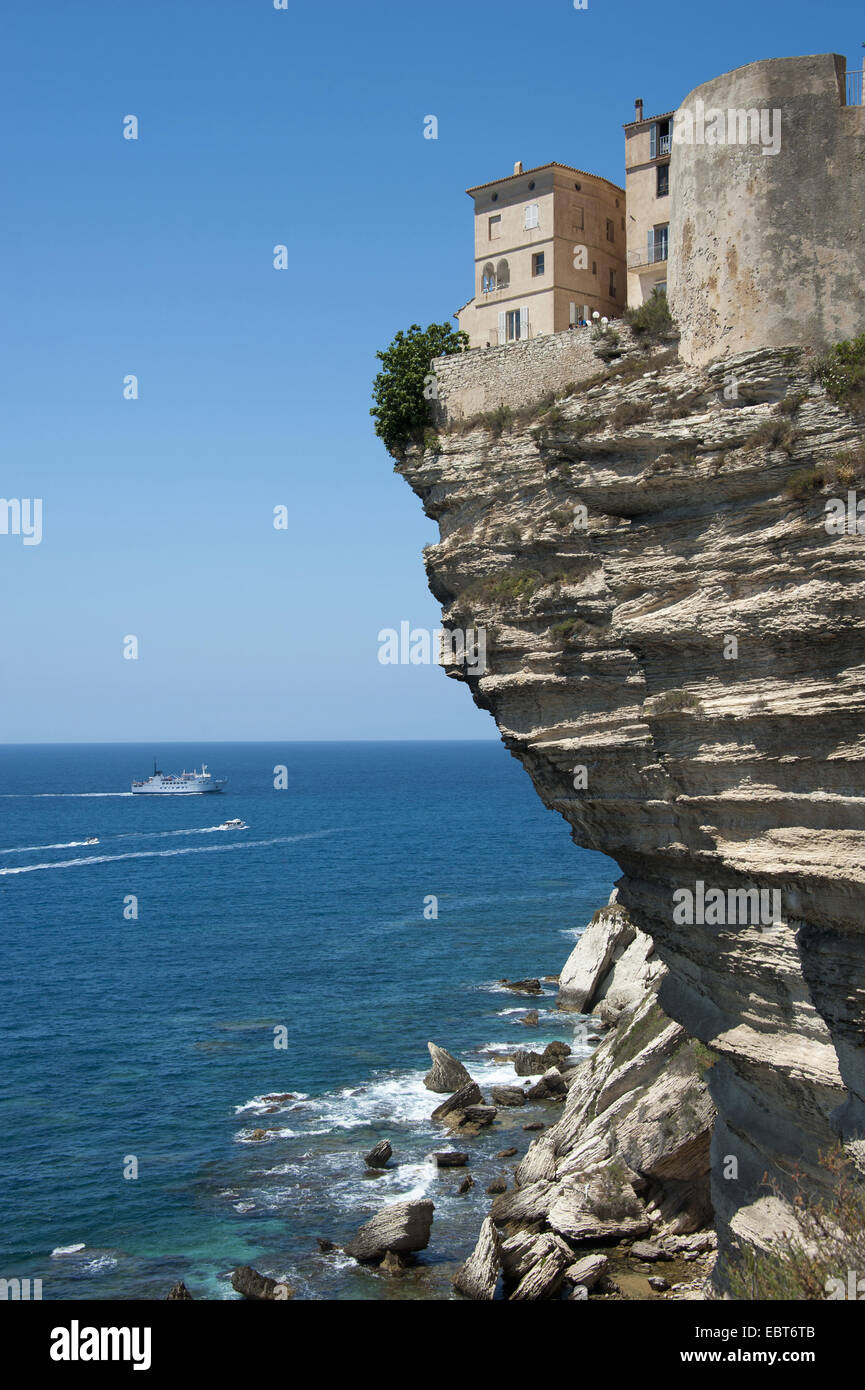 Häuser am Felsvorsprung, Frankreich, Korsika, Bonifacio Stockfoto