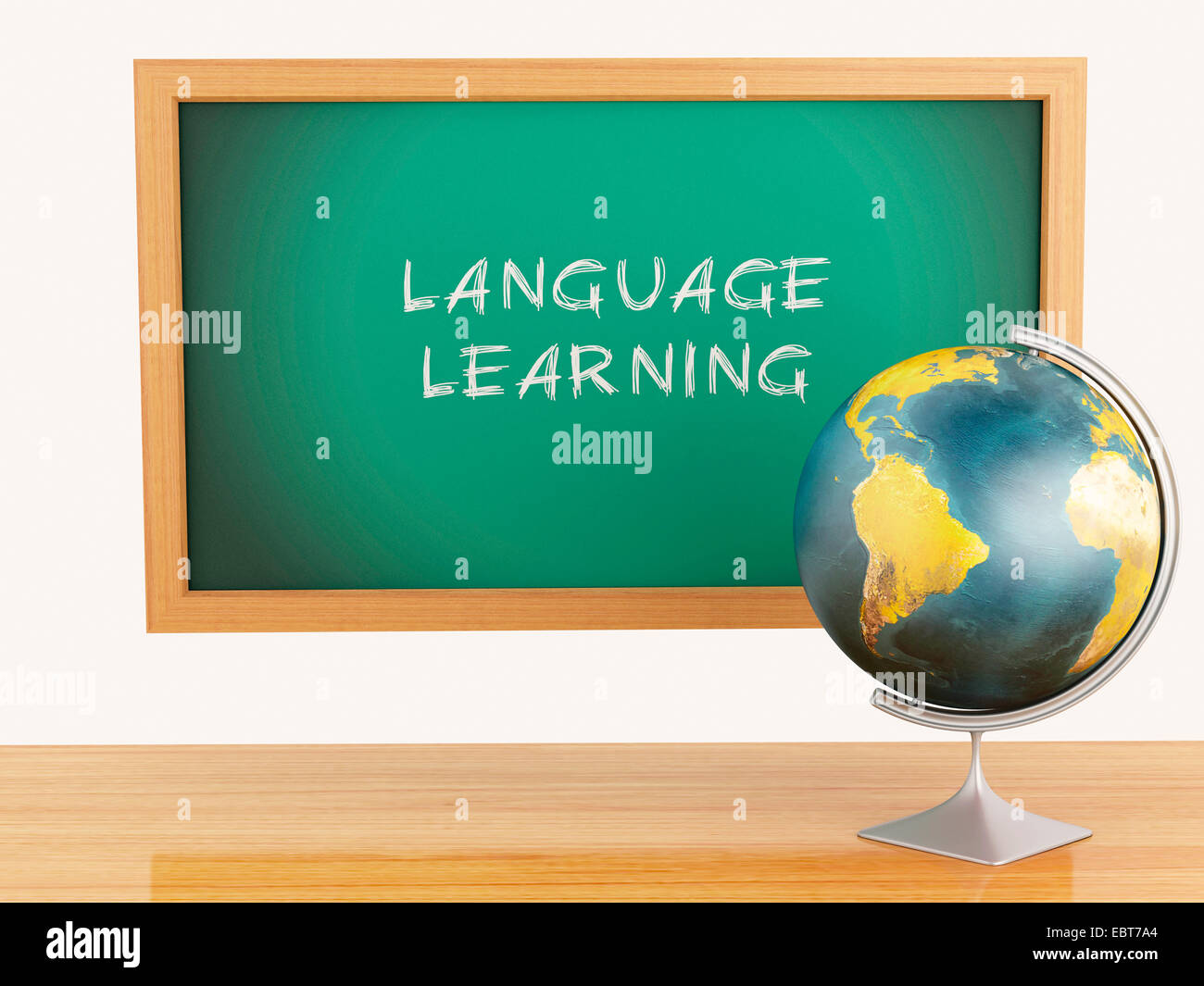 Bild 3d Renderer Illustration. Schule Bildungskonzept. Tafel mit Sprachlern-text Stockfoto