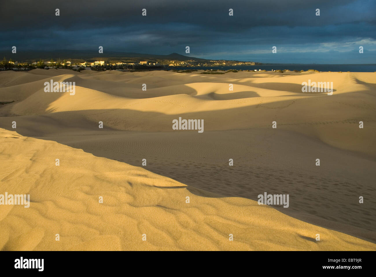 Sanddünen am Rande der Küstenstadt im Licht der Abendsonne, Kanarische Inseln, Gran Canaria, Maspalomas Stockfoto