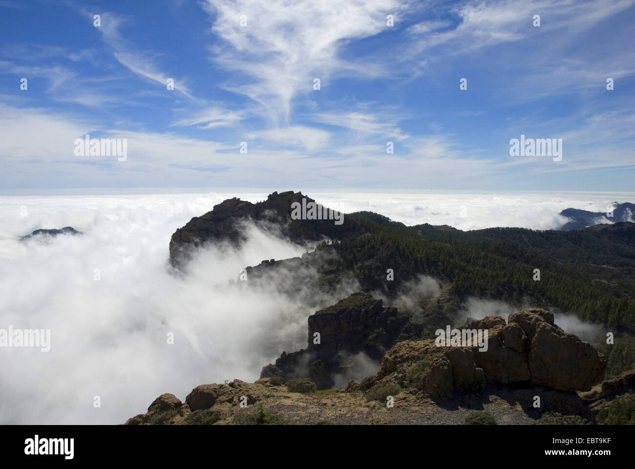 Blick vom Pico de Las Nieves über die zerklüftete Landschaft und die Wolkendecke unten, Kanarische Inseln, Gran Canaria Stockfoto